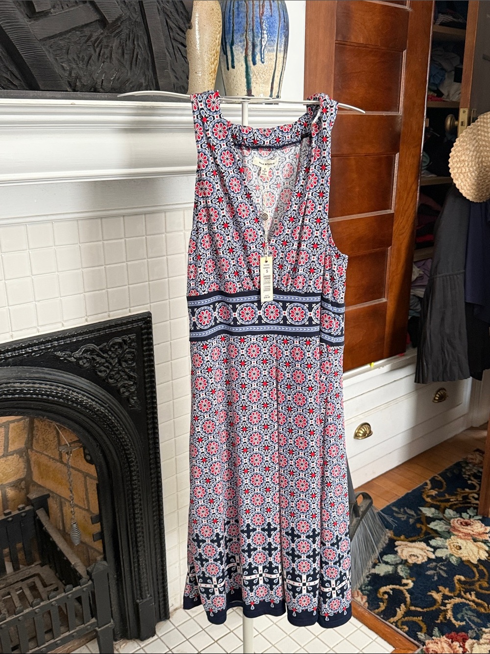 Max Studio Sleeveless Floral-Geo Midi Dress in Pink and Navy-NWT- retail 98